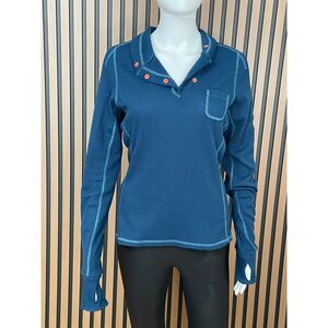 Title Nine Women's Top Athletic T-Shirt Waffle Knit Thumb Hole Sleeve M Blue